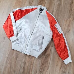 🔹️Topshop Orange & White Satin Colorblock Bomber Jacket Size 2